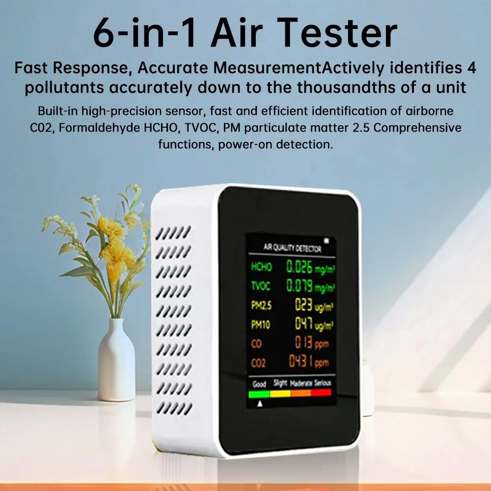 

6in1 Digital Air Quality Monitor Gas Detector Carbon Dioxide Detector TVOC CO2 Sensor Type-c Formaldehyde HCHO /PM2.5/CO2 Meter