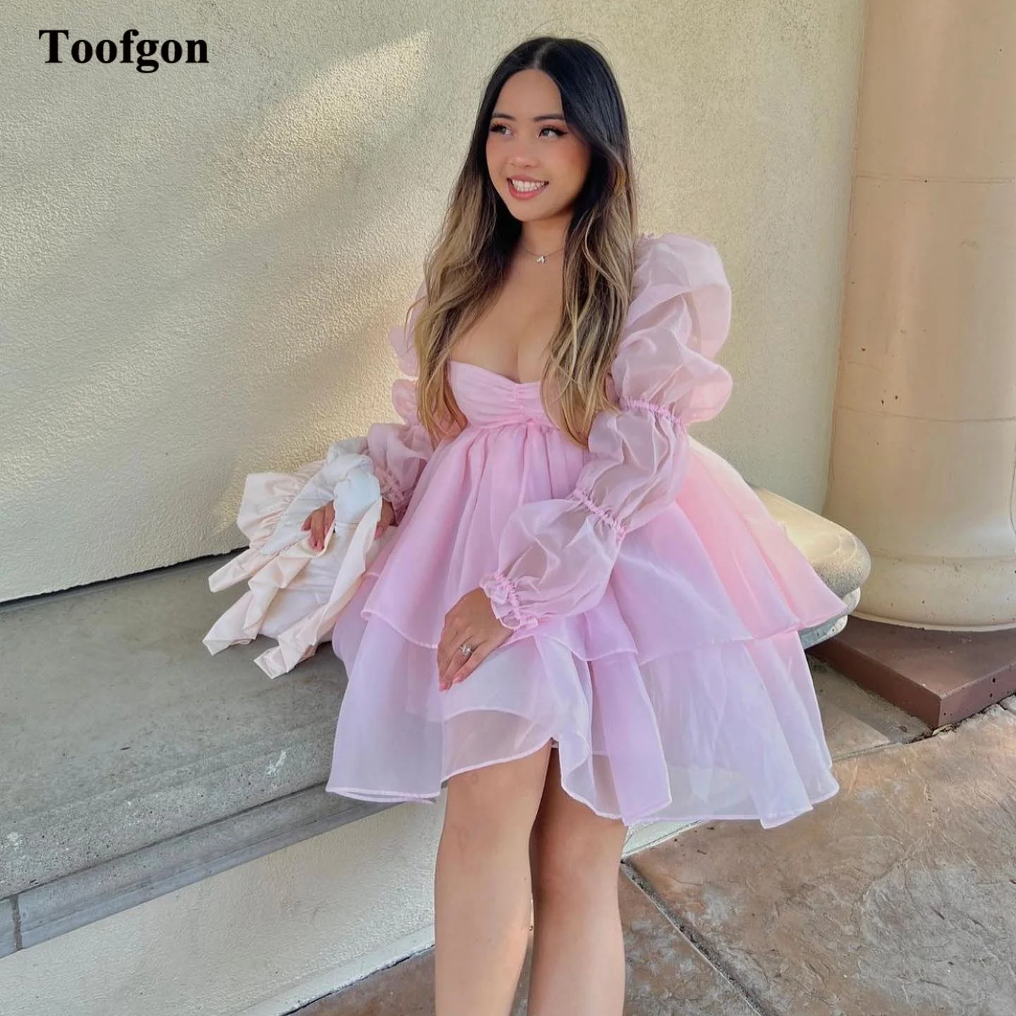 

Toofgon Simple A Line Organza Women Prom Dresses Above Knee Mini Formal Homecoming Dress Long Sleeves Birthday Party Gowns