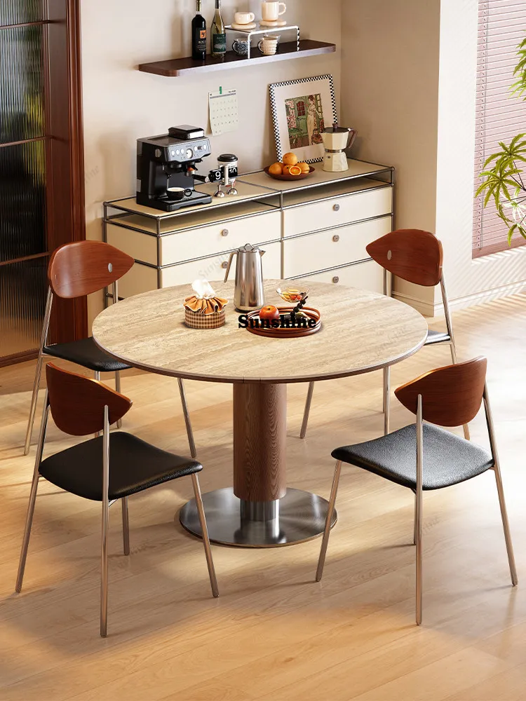

Square folding rock slab dining table, antique style square and round dual-purpose solid wood telescopic round table