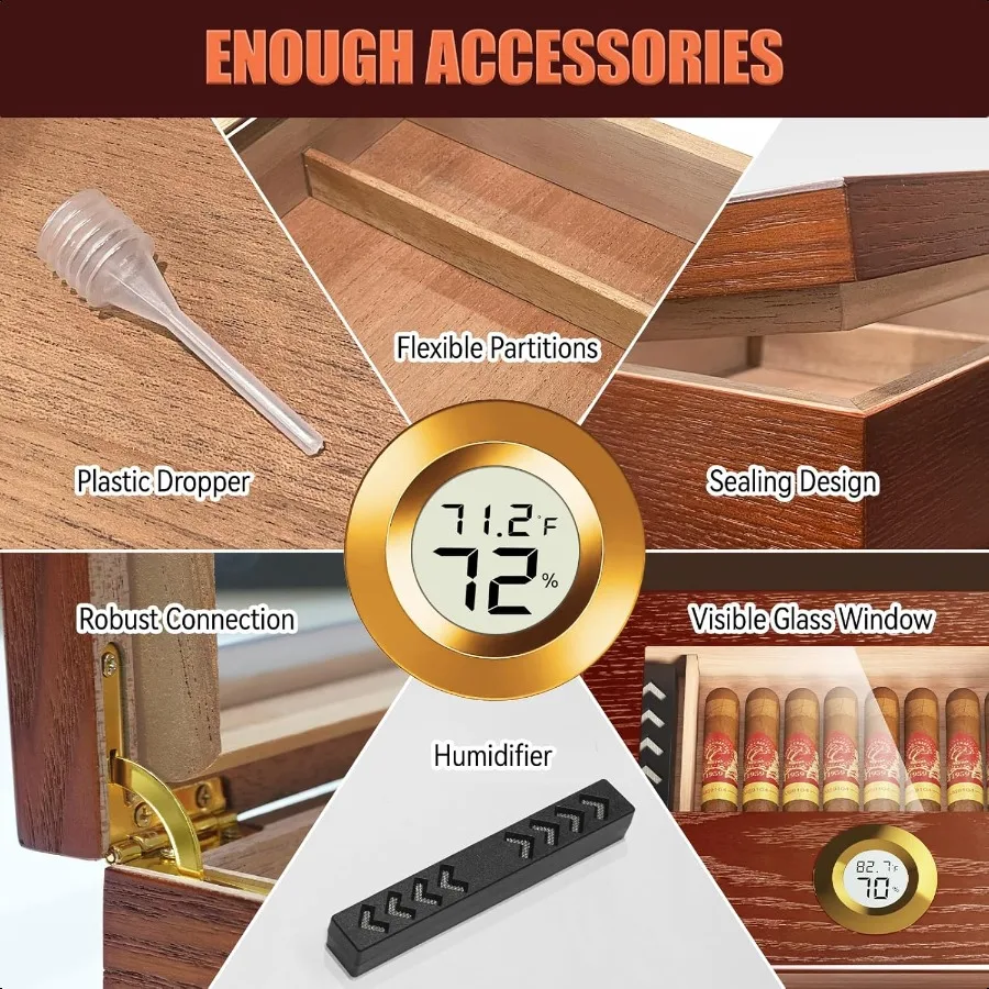 Cigar Humidor Box Cedar Wood Brown Men Desktop Case Gift for Father with Glass Top Digital Hygrometer Humidifier for 2025 Cigar