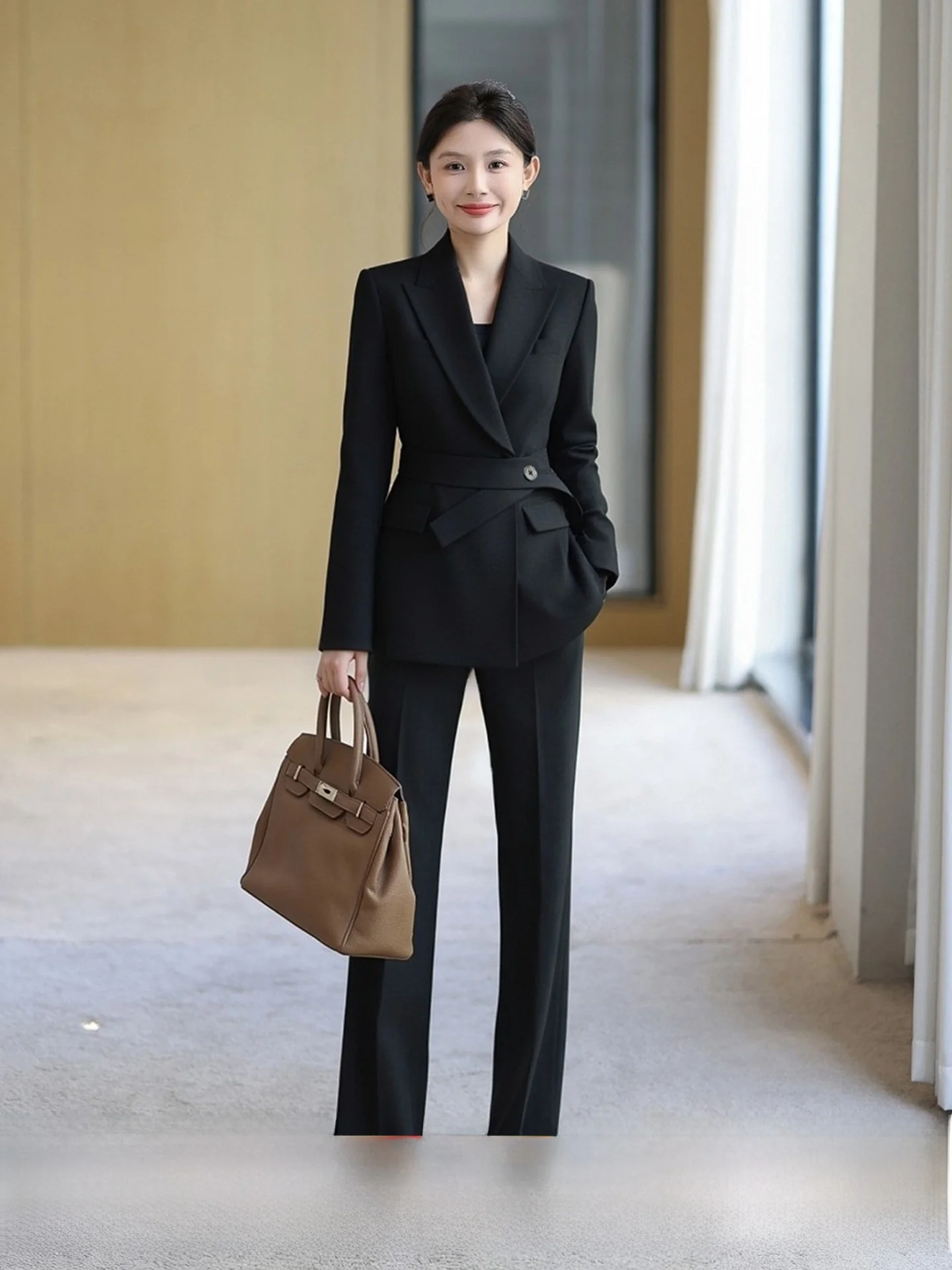 Elite Black Suit Set Women's Slimming Design Commute OL Career Suit Waist-Cinched Tuxedo Style Professional Fashion Workwear