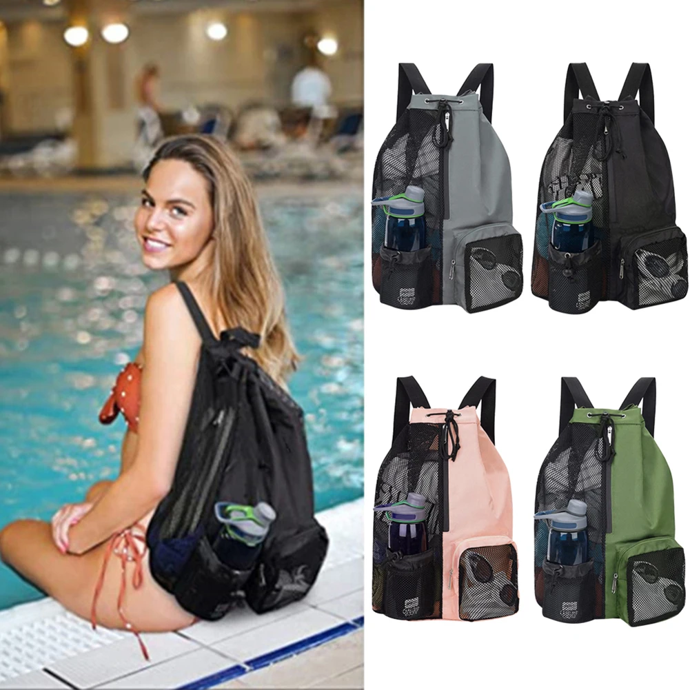 Beach Storage Backpacks Drawstring Swimming Carrying Bag with Wet Pockets Thickened Mesh Lightweight Comfortable Training Bag
