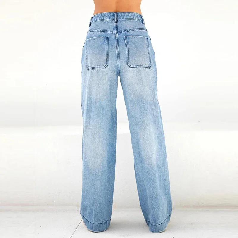 Light blue wide leg jeans women's high waist loose pear shape slim casual tall straight pants spring