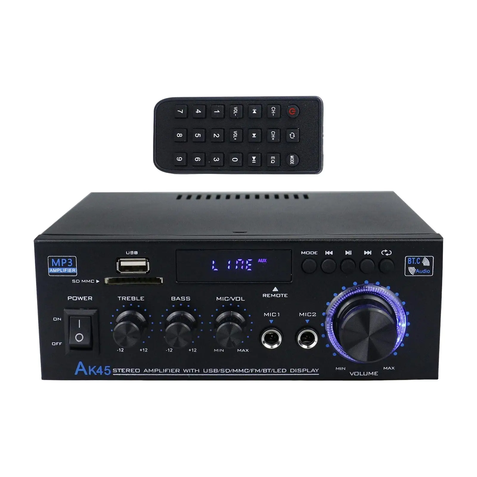 AK45 Home Audio Amplifier with Mic with Blue LED Lights Stereo Power Amplifier HiFi Audio Amplifier for Home Theater System Use