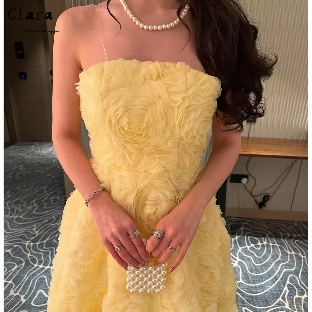 فساتين سهرة أنيقة بدون حمالات على شكل زهرة صفراء مخصصة من كلارا للنساء فستان حفلات أنيق فاخر للنساء