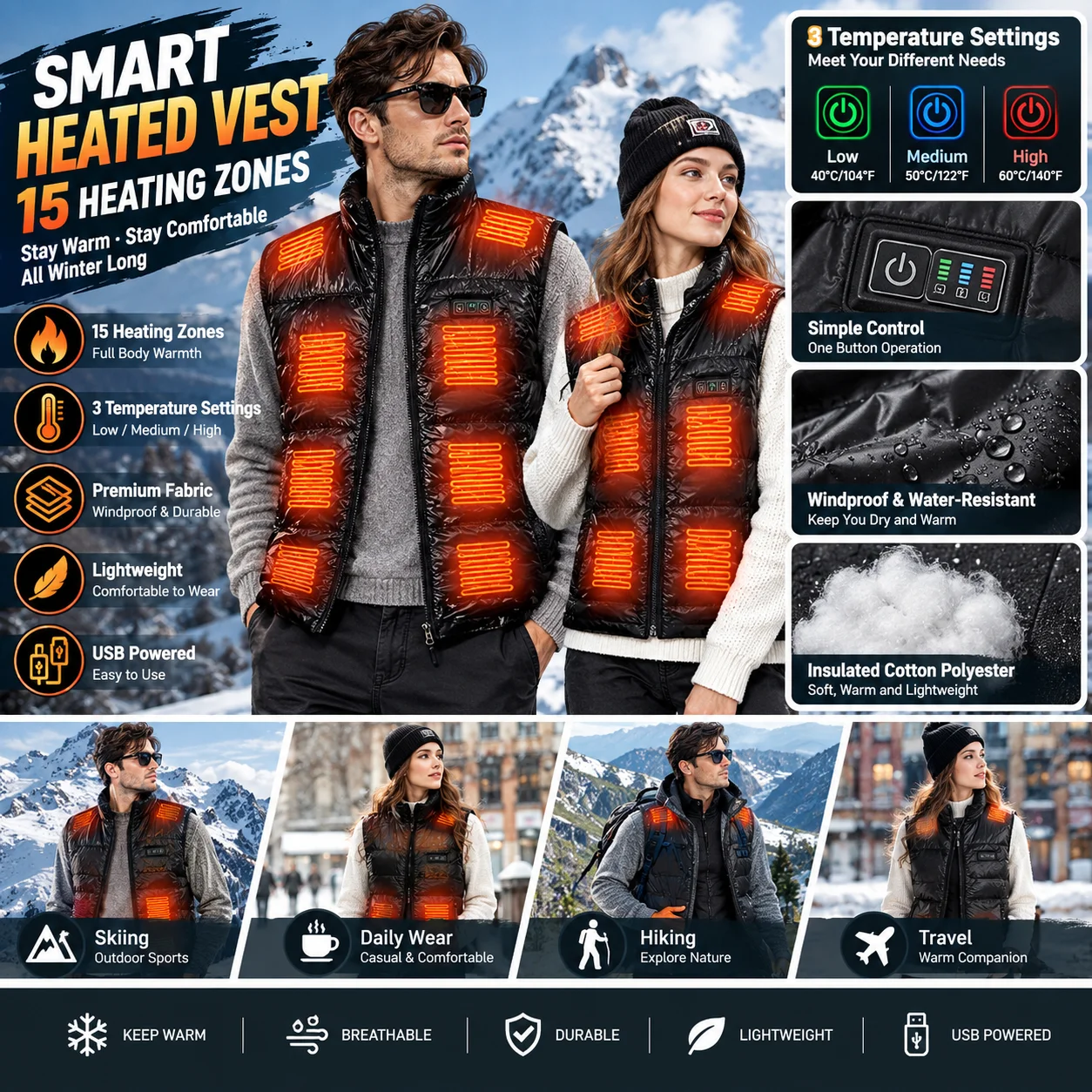 Womens Smart Heated Vest 15 Heating Zones 3 Temperature Control Winter Thermal Cotton Polyester Warm Comfortable Waistcoat