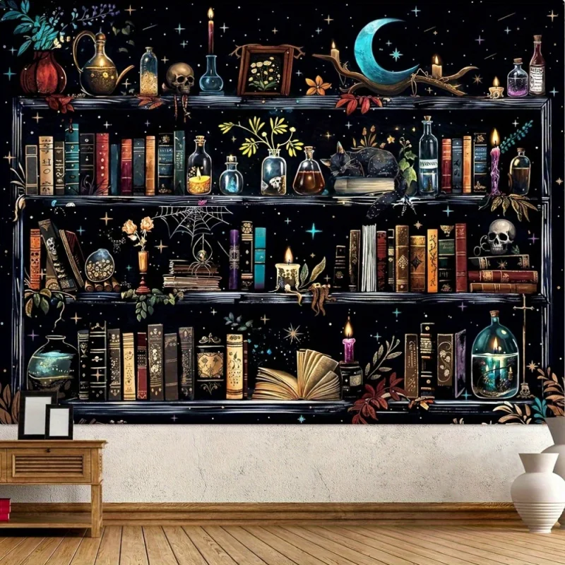 VIKAMA Moon And Star Wizard Bookshelf Tapestry Dark Witchy Decor Backdrop Bedroom Headboard Wall Cloth Dorm Room Decoration
