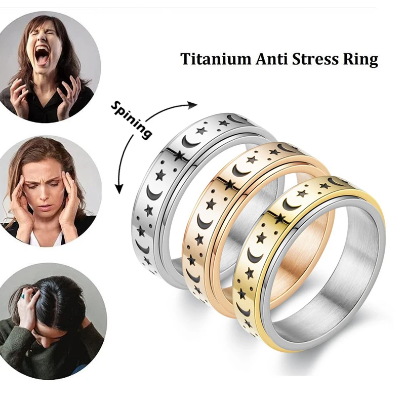 Romantic Moon Star Pattern Rotating Freely Ring Anti Stress Anxiety Fidget Joint Jewelry Girl Valentine's Day Spinner Rings Gift