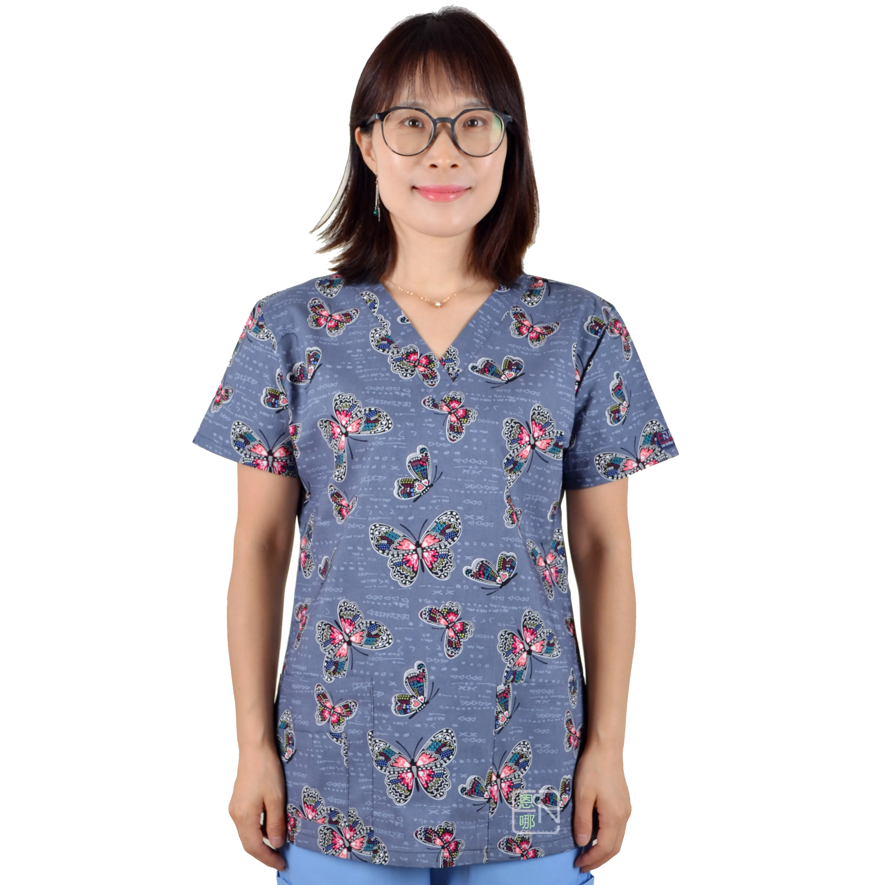 Hennar Print Scrub UniformFor Women in 100% Cotton 4 pockets,XXS-5XL Medical Scrub Y-