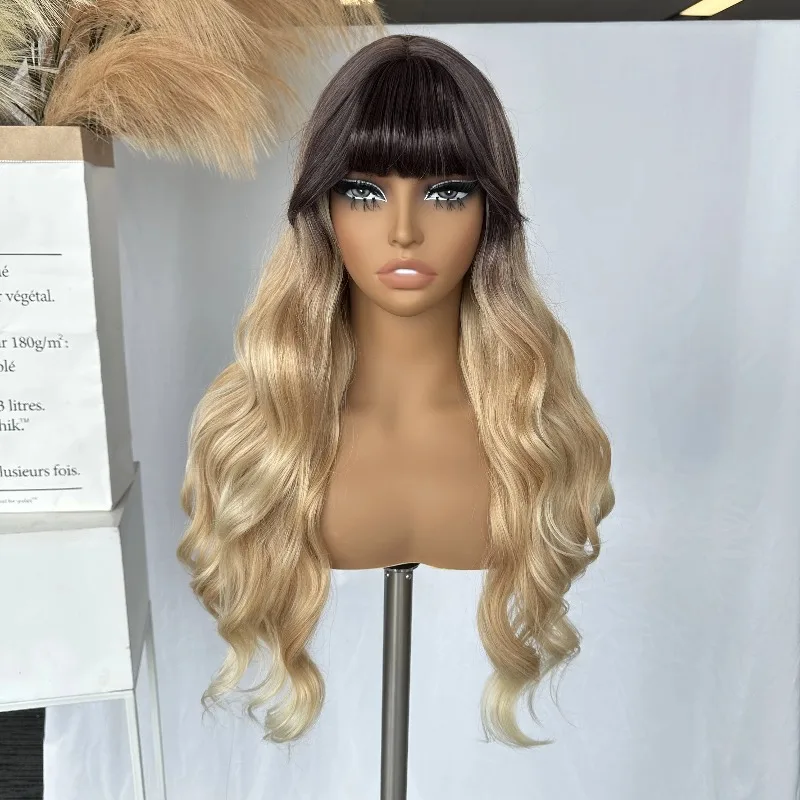 

Black Wavy Wig With Bangs for Women 20 Inches Synthetic Nature Curly Wig Medium Length Heat Friendly Wave Hair Wig