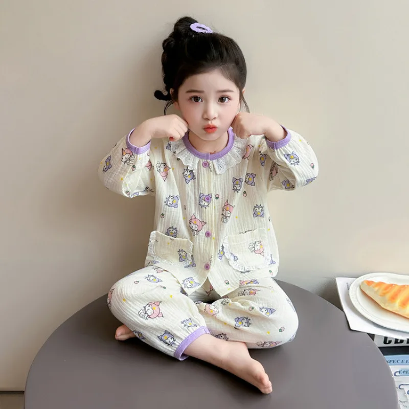 

Пижамы Sanrio Kuromi для девочек, весенне-осенние, хлопковые, с длинными рукавами, тонкие, из чистого хлопкового муслина, детская домашняя одежда, милый комплект для сна