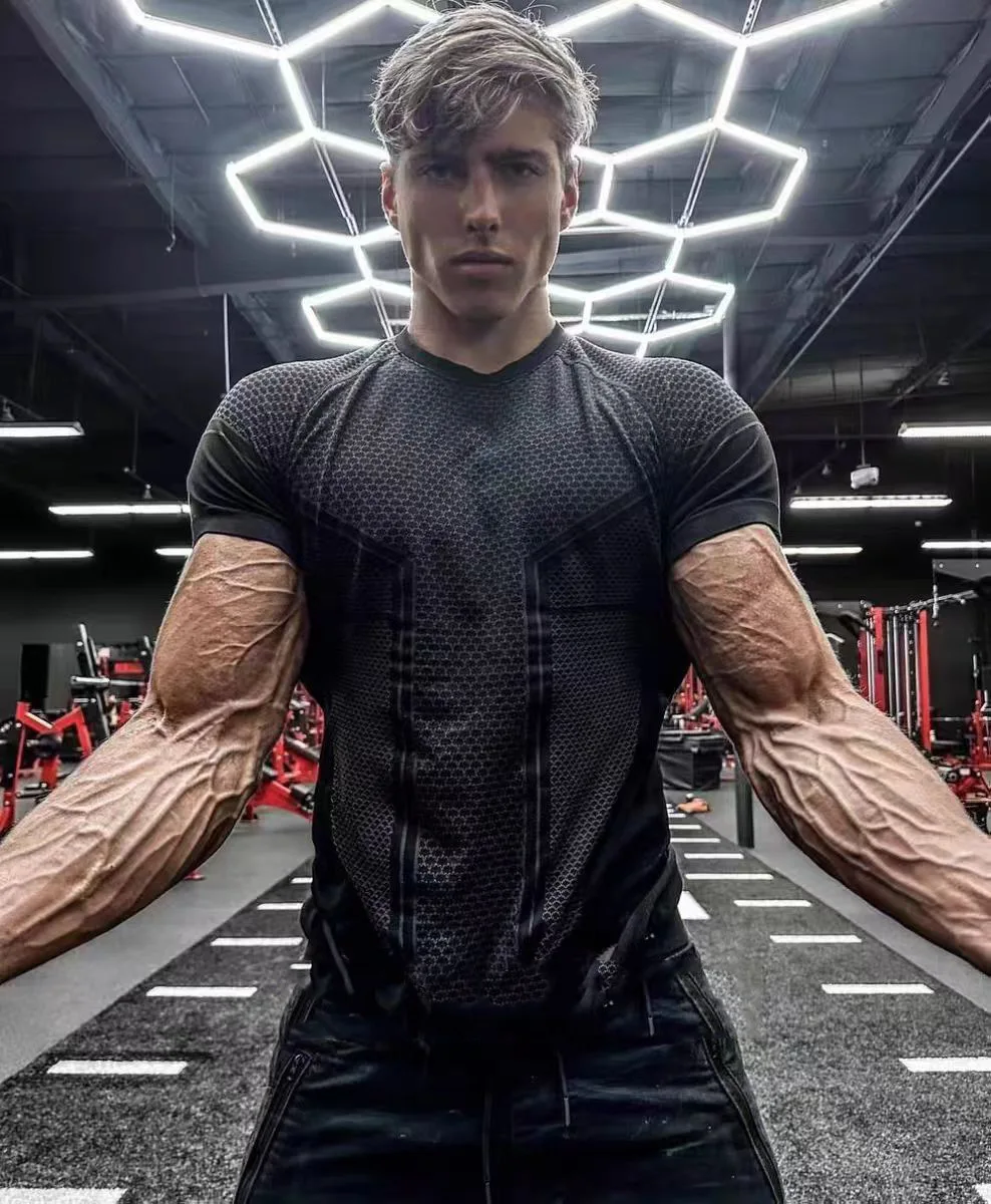 Men's Muscle Workout T-Shirt, Jogger Quick-Dry Breathable Tight-Fit Crew Neck, Short-Sleeve Casual Top with Logo