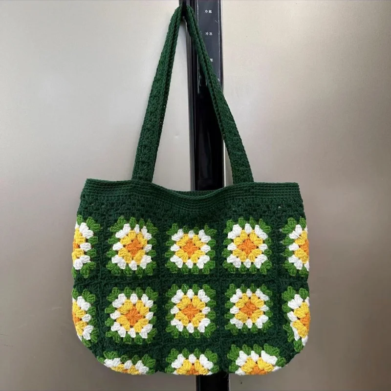 Handwoven grandmother grid patterned handbag, women's shoulder bag with lining, leisure bag, shopping bag, beach bag