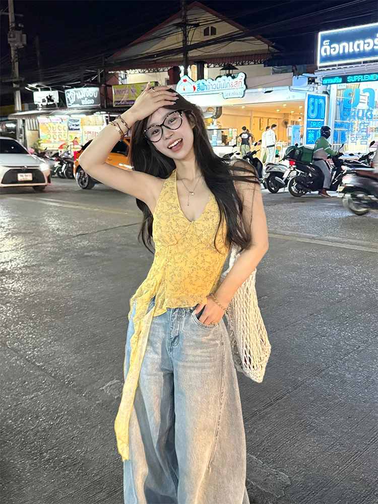 

Adan Yellow Floral Print ter Ne ort Top Women's Summer Slimming White Enhancing Wood ain Irregular Hemline Vest