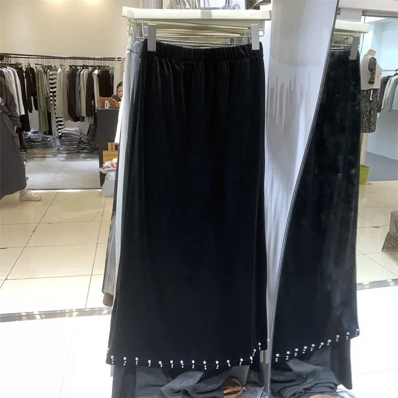 Fashion Temperament Beading Patchwork A-Line Skirt Autumn Winter Women's Clothing High Waist All-match Split Skirts for Female