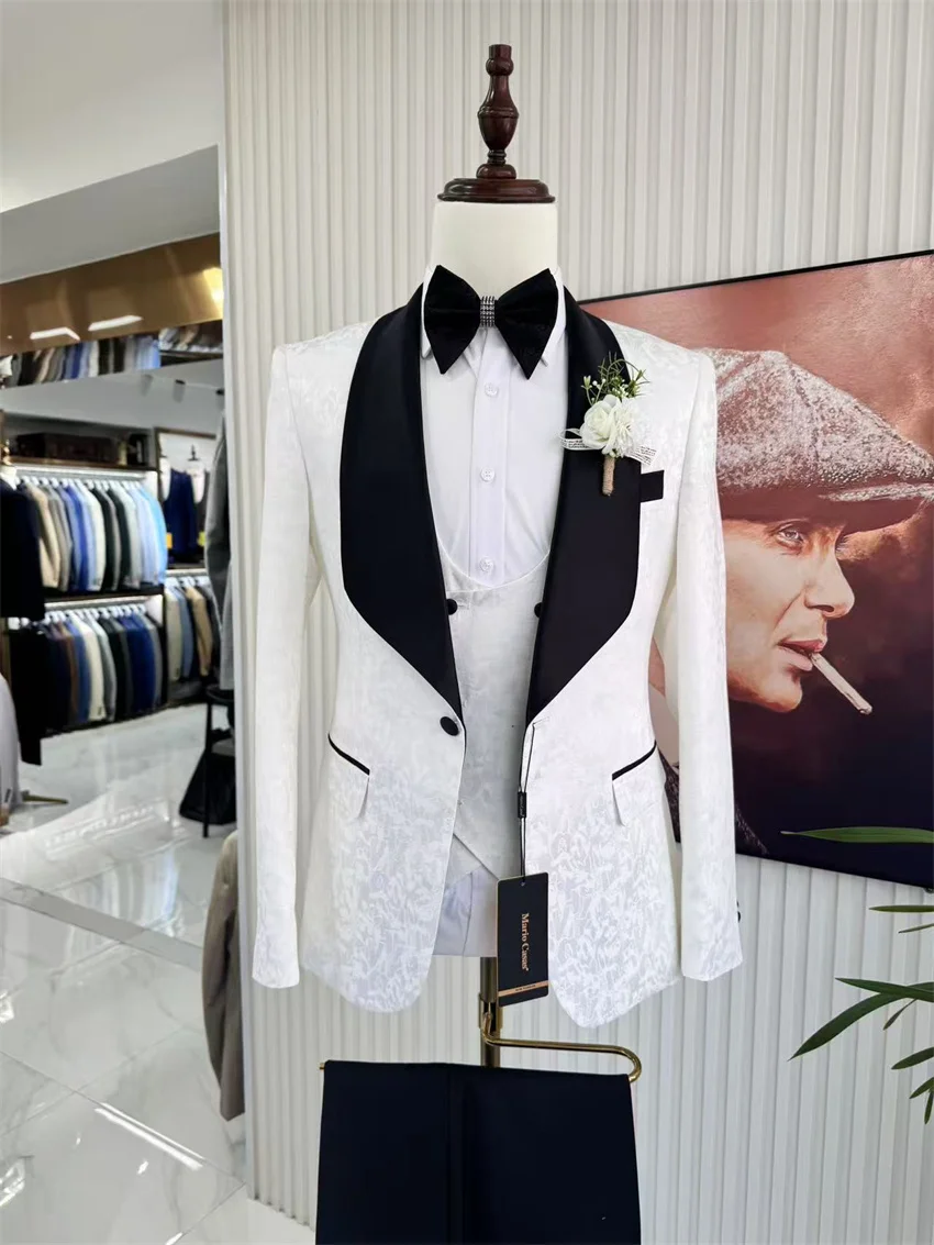 Floral Fashion Wedding Tuxedo for Groomsmen 3 Pieces Slim Fit Formal Prom Men Suit Jacket with Pants Vest Ready to Ship