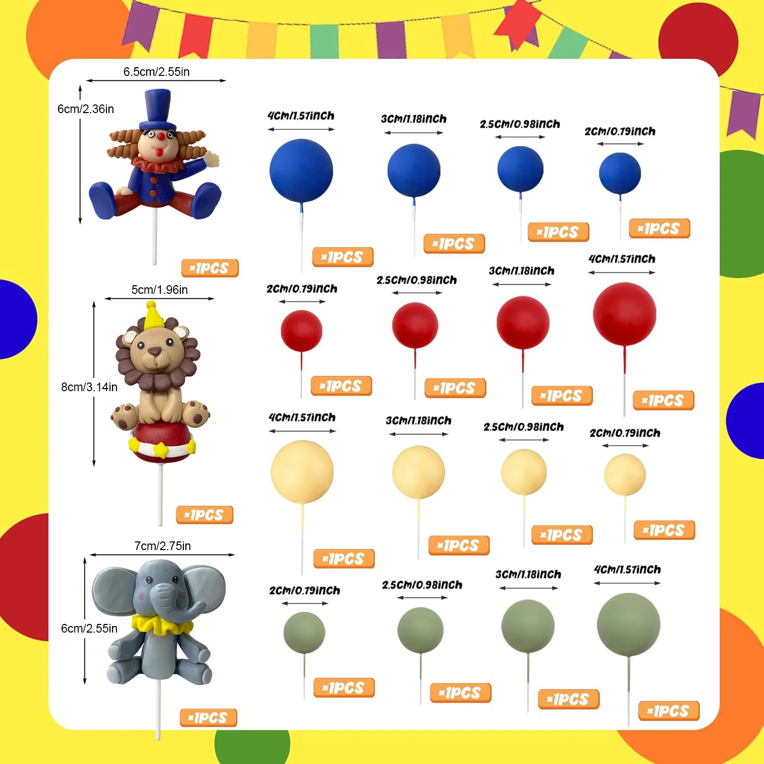 19 PCS Circus Cake Decoration Circus Birthday Cake Decorations Balls Cake Picks for Birthday Party  child gifts
