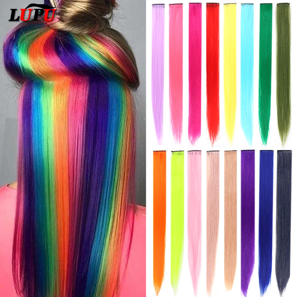 LUPU-Extension de Cheveux Synthétiques à réinitialisation pour Femme, Faux Cheveux Naturels, Longs, Lisses, Colorés, Reflets Arc-en-Ciel, 22 Pouces