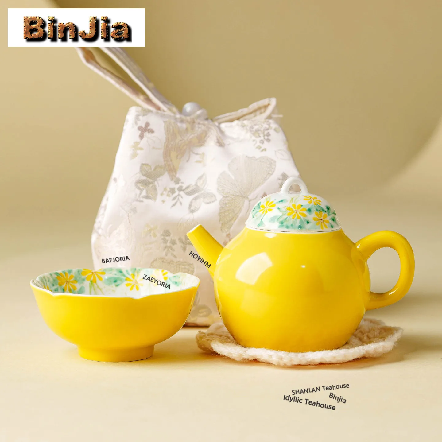 

Набор для чаепития с глазурью из яичного желтка и ручной росписью ромашками, эстетичный, 1 чайник, 3 чашки, органайзер для заваривания чая, портативная сумка-тоут для улицы