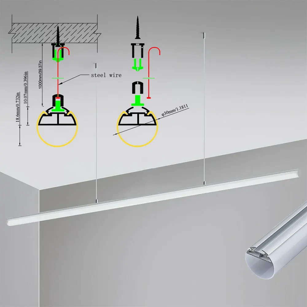 ∅30 1szt 0.5mThree Średnica centymetrowa LED Aluminiowa listwa oświetleniowa Cylindryczne oświetlenie 300 stopni Nadaje się do zawieszania