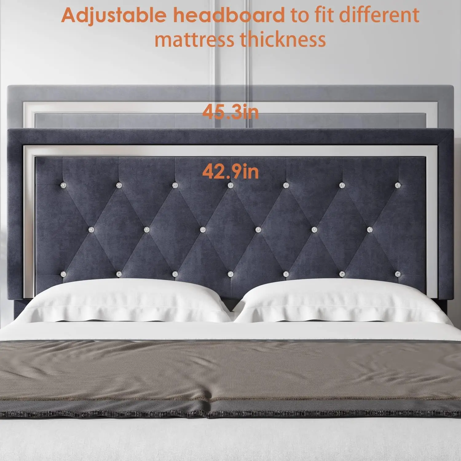 Volledig Bedframe, Gestoffeerd Platform Bedframe Met Modern Verstelbaar Hoofdeinde, Diamanten Getufte Matrasfundering Met Houten