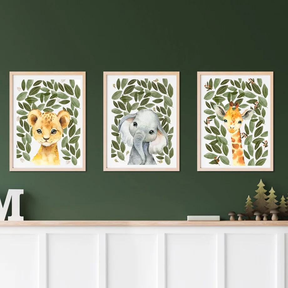 

Cartoon Lion Elephant Giraffe Green Leaves Wall Art Canvas Painting Nordic Posters And Prints Wall Pictures Baby Kids Room Decor