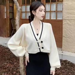 Women's Sweater Korean Version V Neck Loose Sweet  Gentle Chinese Style Knitted Long Sleeves Short Sweater Cardigan