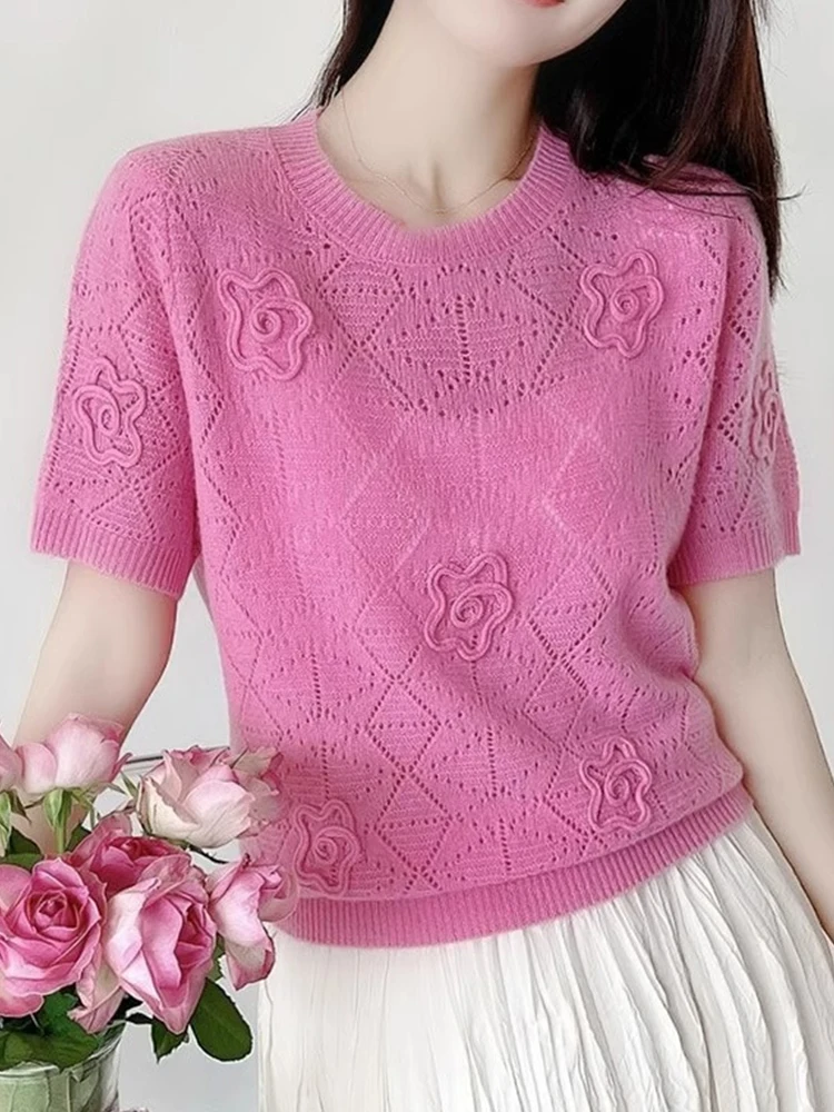 

Faionable High-End Knitted ort Sve round Ne Hollow out Decorative Base irt Korean Sle Commute Straight Cut Body ...