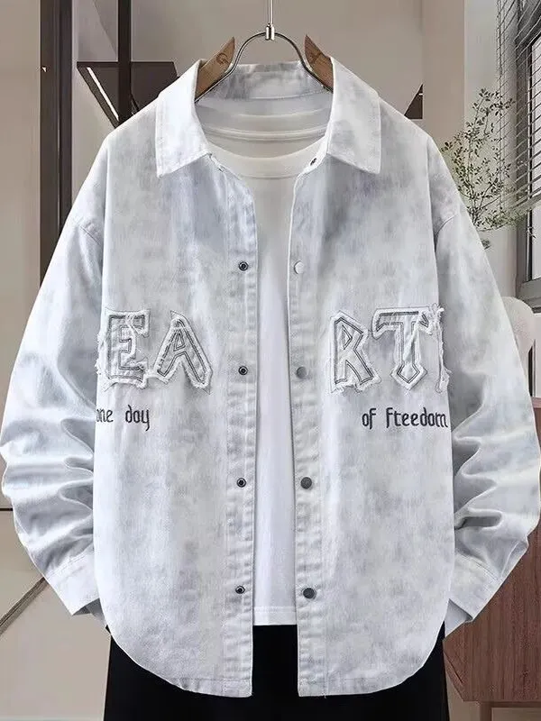 

aduated Denim irt Men's Letter Embroidery Patchwork Jaet Youth Student Spring Autumn High-End Feeling Outerwear