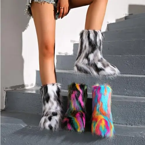 

Winter New Girls Colorful Blue Pink White Black Mixed Color Round Toe Flat Warming Mid-calf Snow Boots Women Slip On Botas Shoes