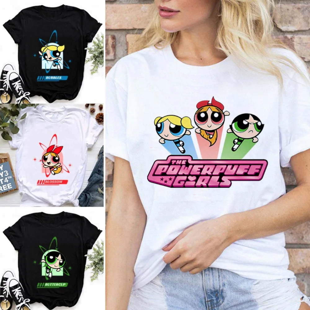 المرأة تي شيرت Kawaii The Powerpuffs الفتيات قصيرة الأكمام بلايز المرأة أنيمي مطبوعة المرأة تي شيرت الكبار الصيف موضة الملابس #1