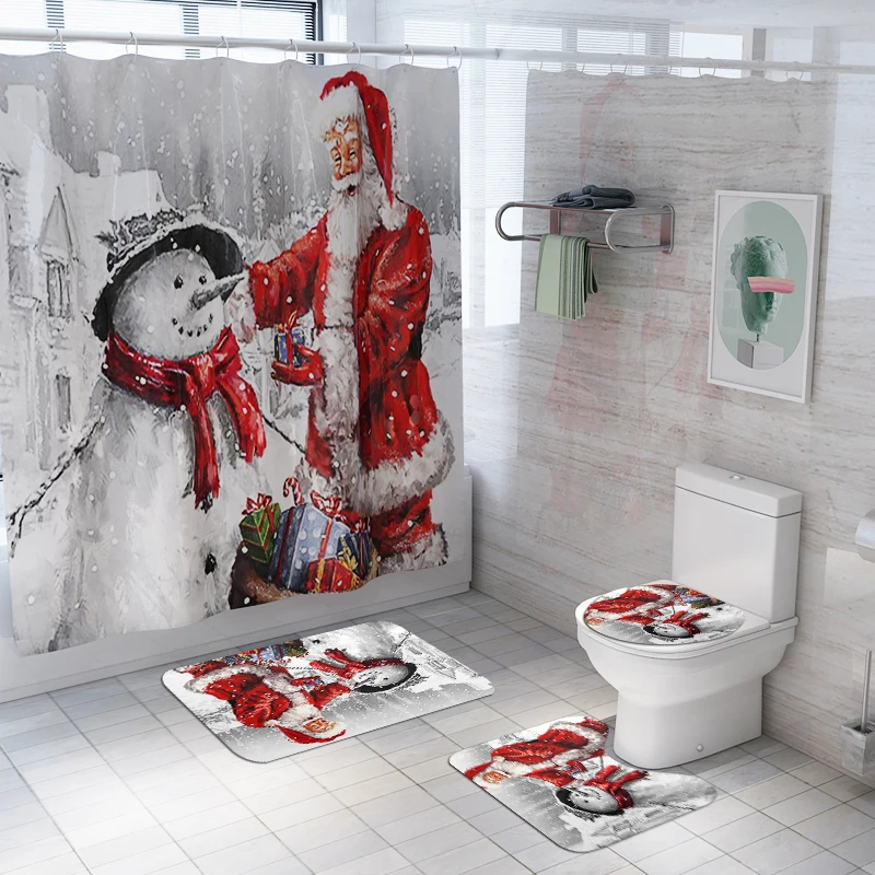 

Snowman Santa Claus Shower Curtain Set Bathroom Set Non-slip Mat Carpet Waterproof Toilet Seat Cushion Bath Mat Christmas Decor