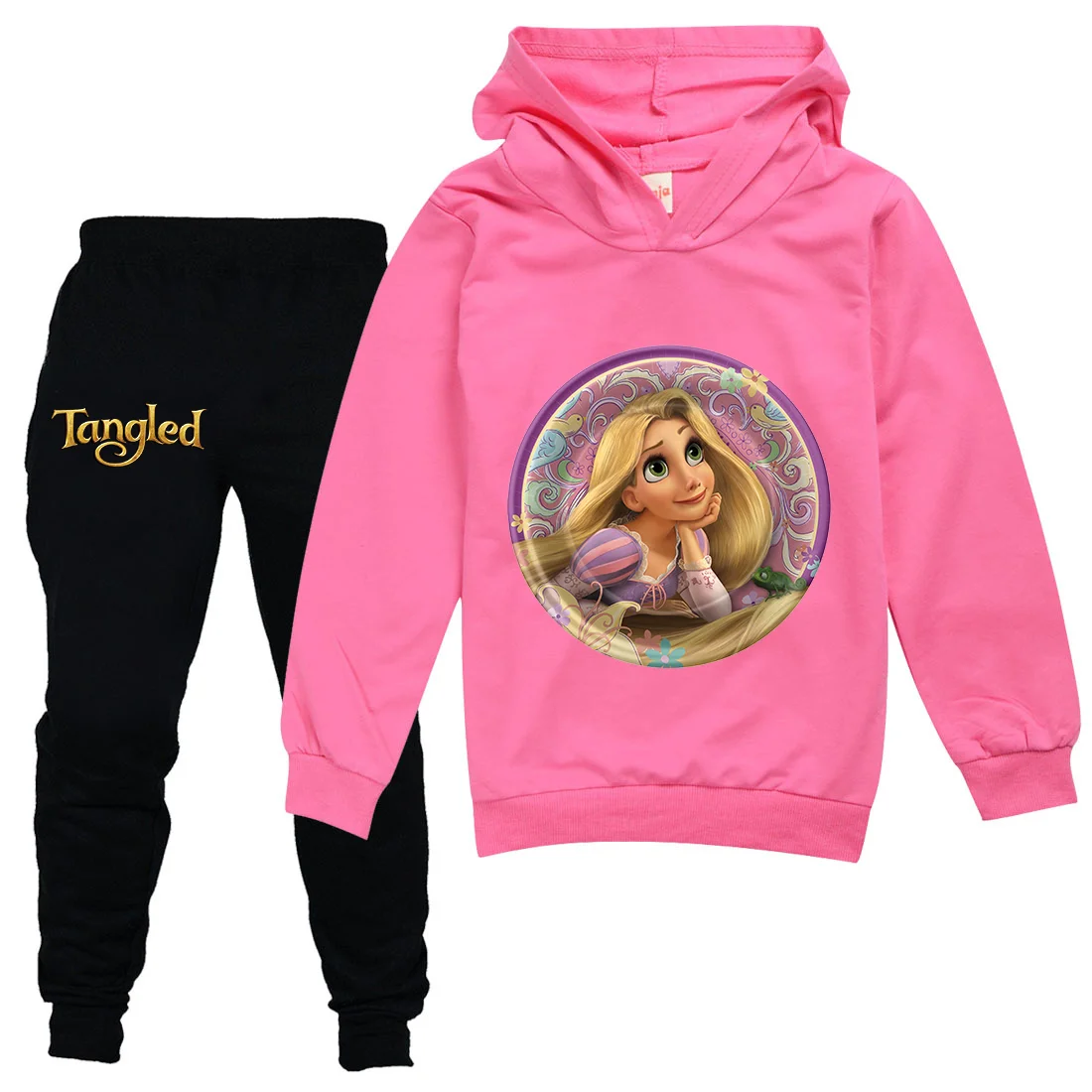 Disney-Sweats à capuche et pantalons princesse Raiponce pour garçons et filles, ensembles de vêtements d'extérieur pour enfants, olympiques sportifs pour enfants, minces et décontractés