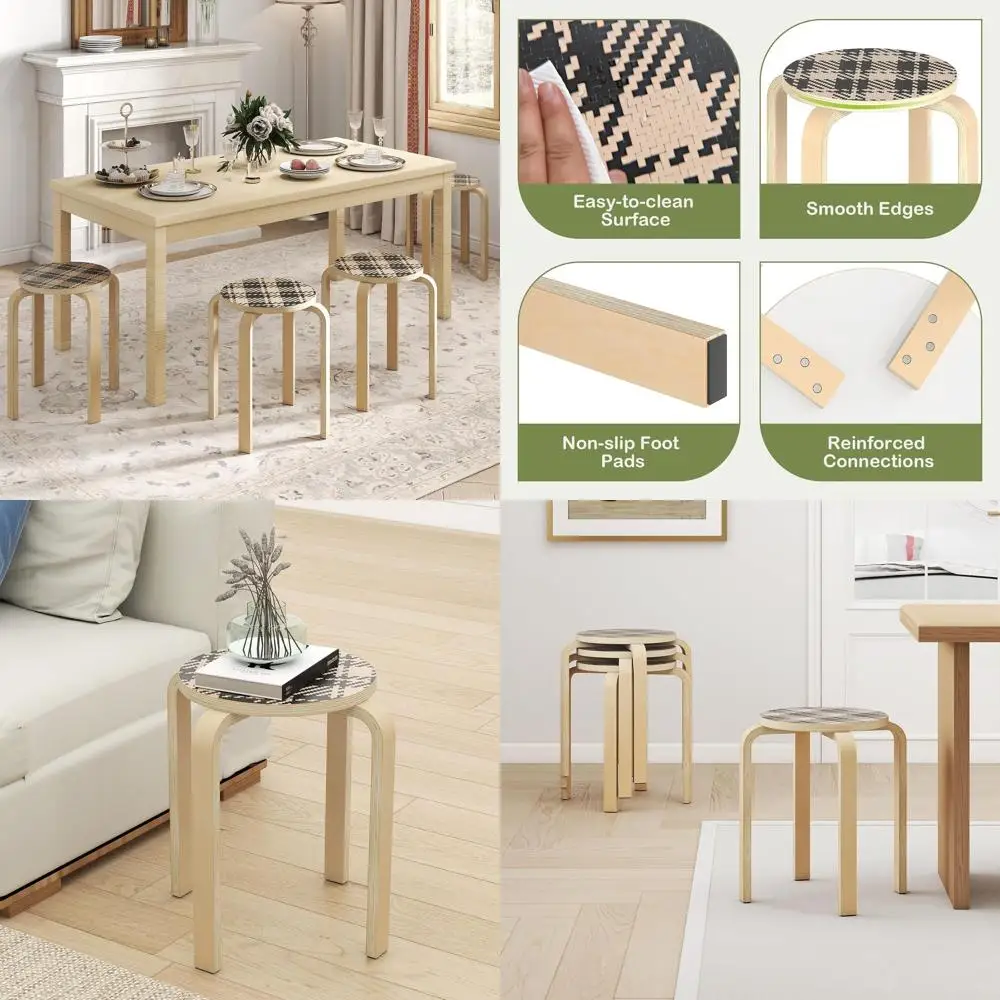 

Set of 4 Stackable 18-Inch Bentwood Stools, Round Top with Anti-Slip Seat Pad, Portable for School, Dining, Kitchen, Classroom (
