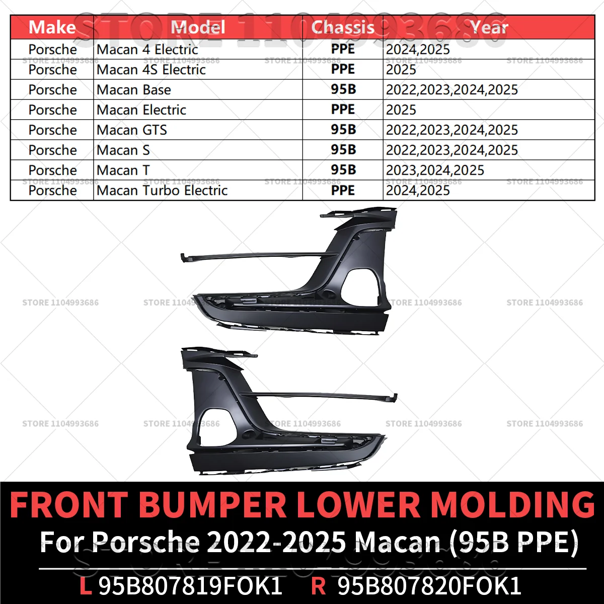 For 2022 2023 2024 2025 Porsche Macan (95B PPE) Front Bumper Lower Molding OEM 95B807819FOK1 95B807820FOK1 95B807819F 95B807820F