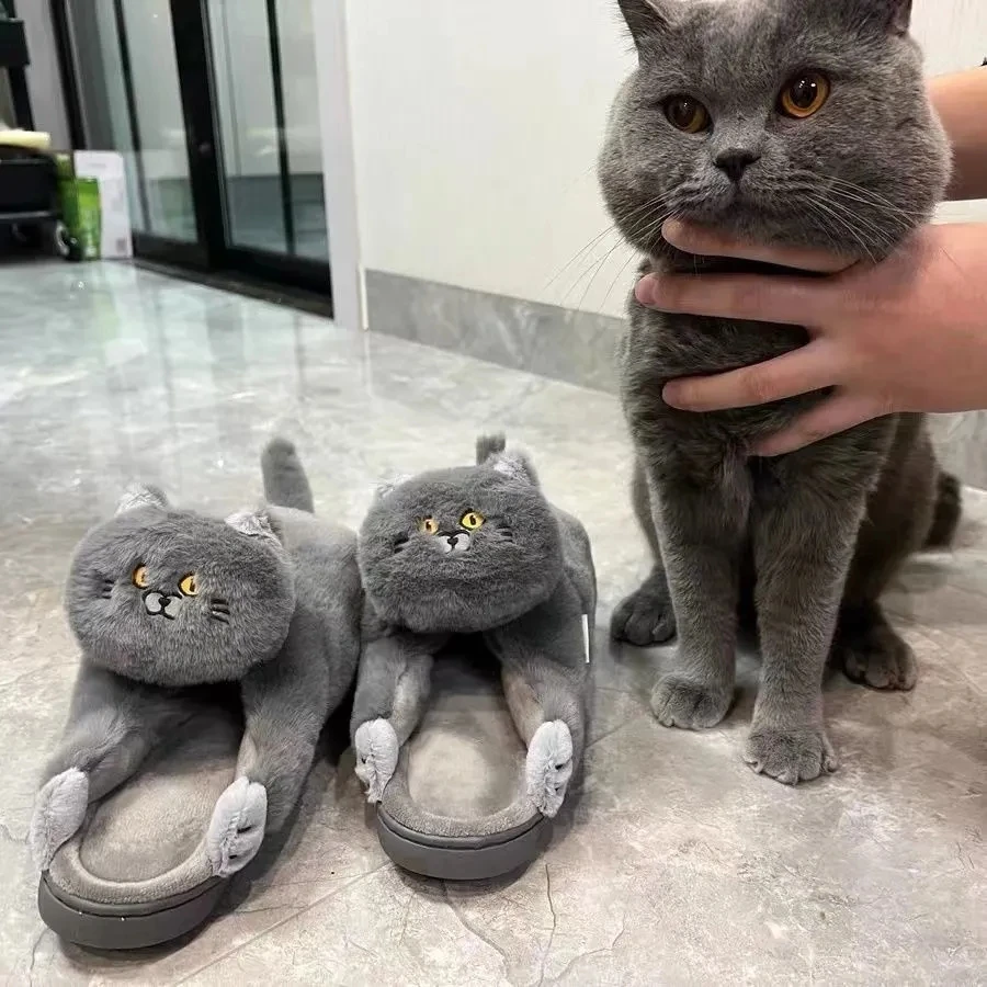 Women Hug Cat Slippers With Unique Design for Winter Female Indoor Floor Kawaii Shoes Slippers Fun Cute Cat Girls Gift Slippers