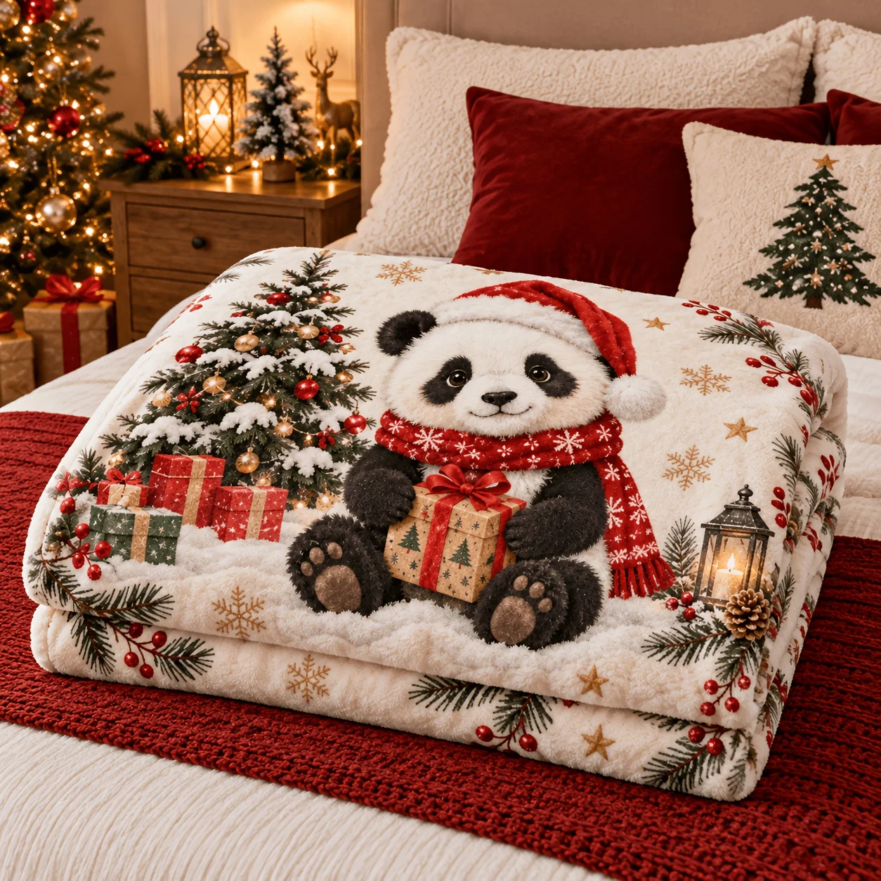 Panda Winter Christmas Blanket with Red Scarf & Christmas Hat Gift Elements Cozy Healing Western Holiday Home Throw Blanket for