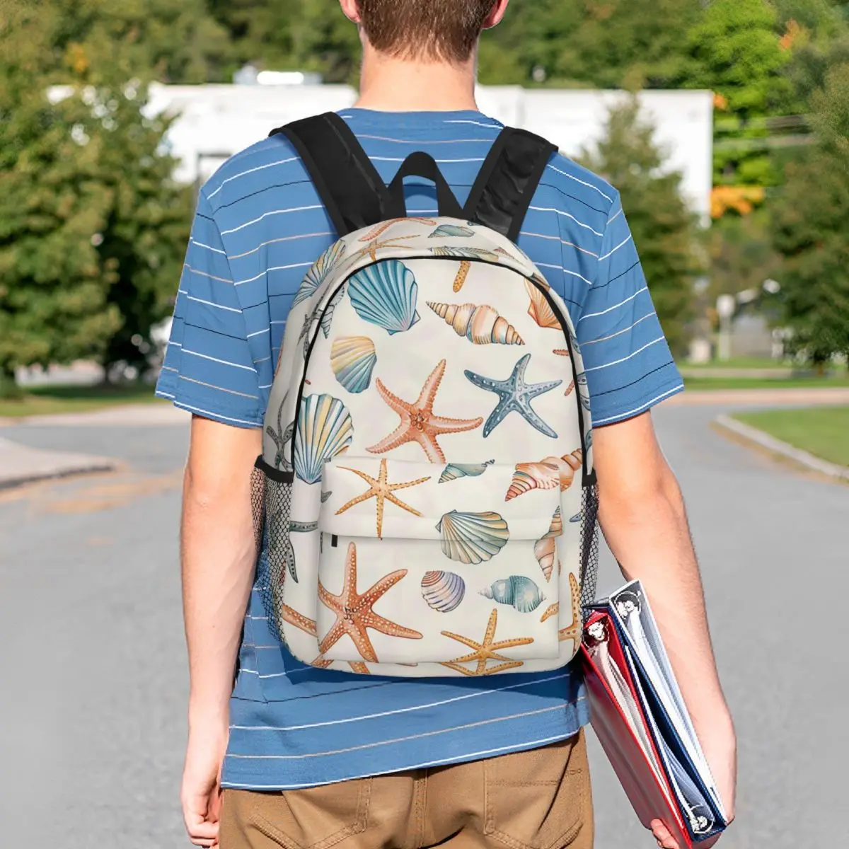 Beachthemed Starfish Shell Pattern Backpack Student BookBag Kids School Bag Laptop Shoulder Bags for Men Women