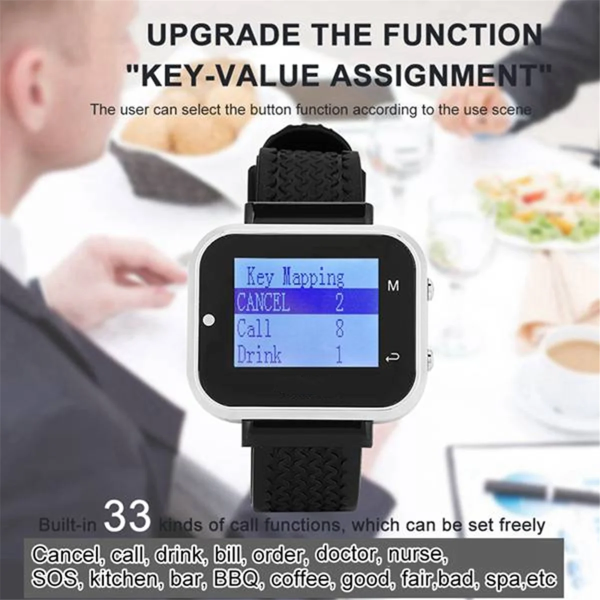 Retail! Cafe Waiter Service Buzzer 15 Table Call Button Transmitter 2 Watch Waiter Pager Wireless Calling System UK Plug