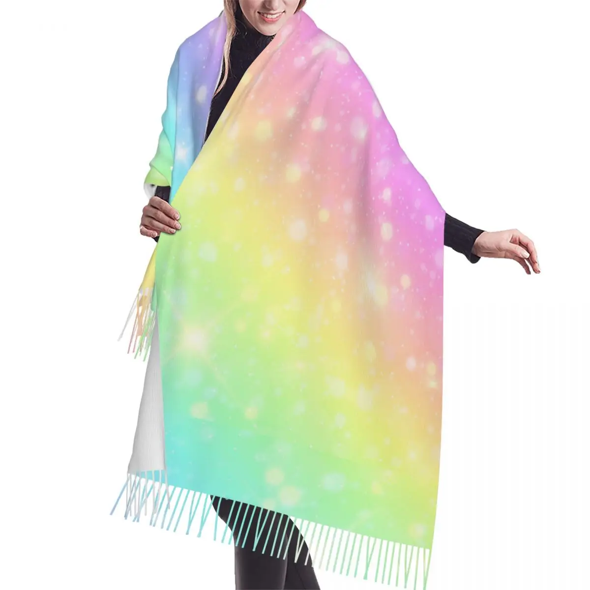 Tassel Scarf Large Pashmina Winter Warm Shawl Wrap Bufanda Female Galaxy Fantasy Pastel Color Sky With Rainbow Cashmere Scarves