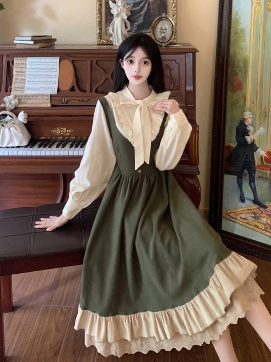 L-4XL plus size nova primavera lolita grande balanço vestido feminino temperamento princesa cinta vestidos branco camisa de manga longa conjunto de duas peças