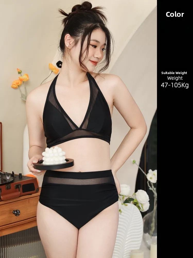 

plus Size Bikini Women's Sexy Two-Piece Pure Desire Cover-Up Slimming Beach Thermal Hot Spring Black Swimsuit for Plump MM