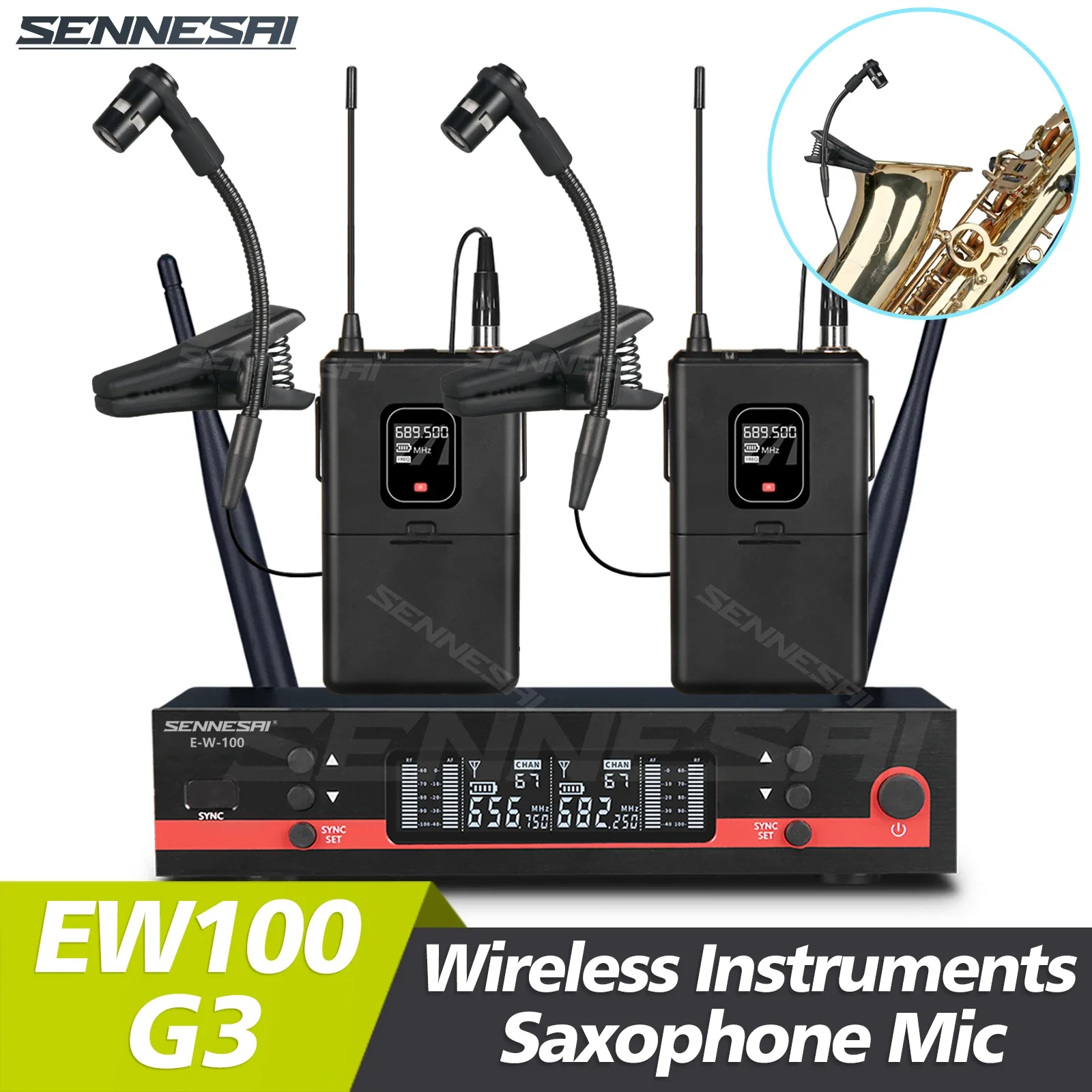 Top Quality！EW100-G3 Professional Wireless Instruments Saxophone Microphone 600-699MHz UHF Dual Channel，Brass Percussion Mic