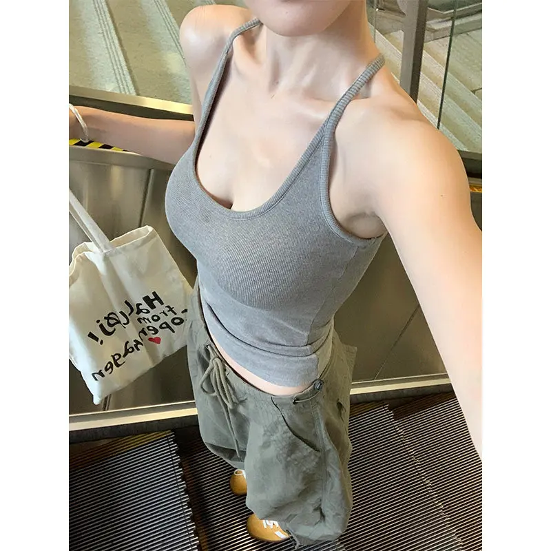 

2026 Summer Grey Anti-Slip Camisole Women Built-in Bra Backless Halter Top S-XXL