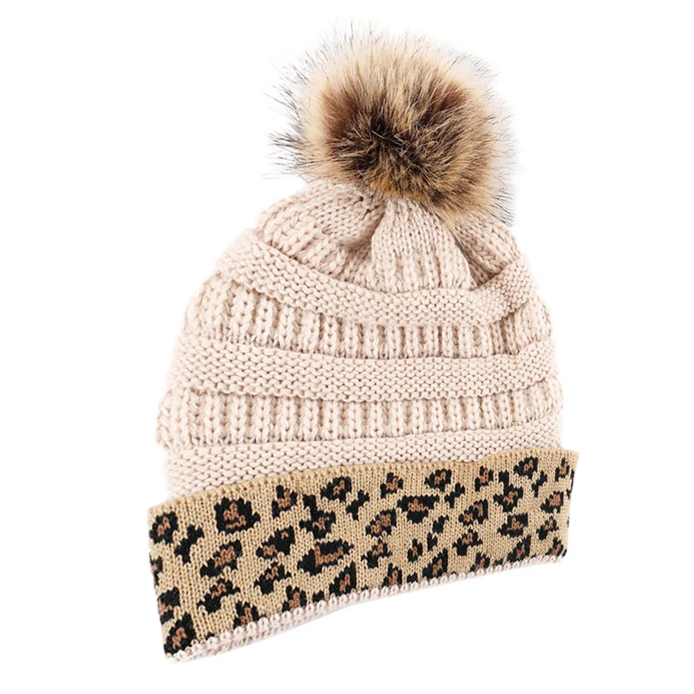 

Leopard Knitted Beanie Thickened Warm Hat For Winter Outdoor Accessory Soft Pompom Decorative Knitted Cap