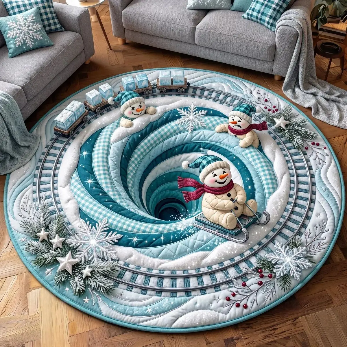 VIKAMA Skiing Snowman Ice Track 3D Round Rug Soft Flannel Non-Slip Bedroom Bedside Living Room Christmas Carpet Cozy Home Decor