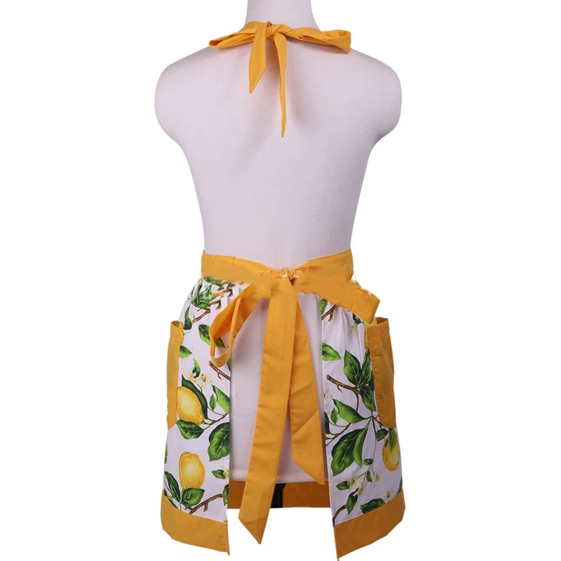 Green Leaves Lemon Kitchen Apron with Pockets No Sleeve Hanging Neck Waist Strap for Adults Women Cooking Painting Gardening Bib