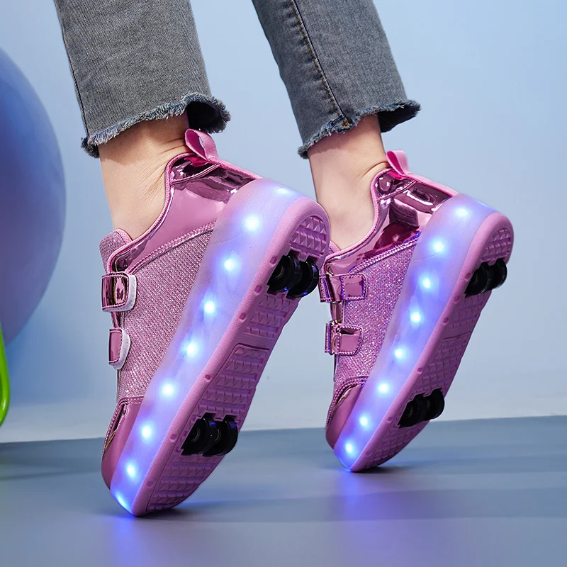 2024 New student retractable four-wheel skates LED charging surge shoes Boys children outdoor sports girls skates