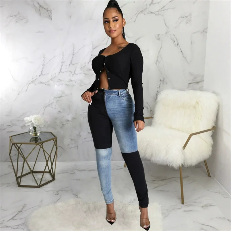 Hip-hop Punk Jeans High Waist Pants New Autumn Winter Street Casual Wear Trousers Contrast Patchwork Female Tight Pencil Pant