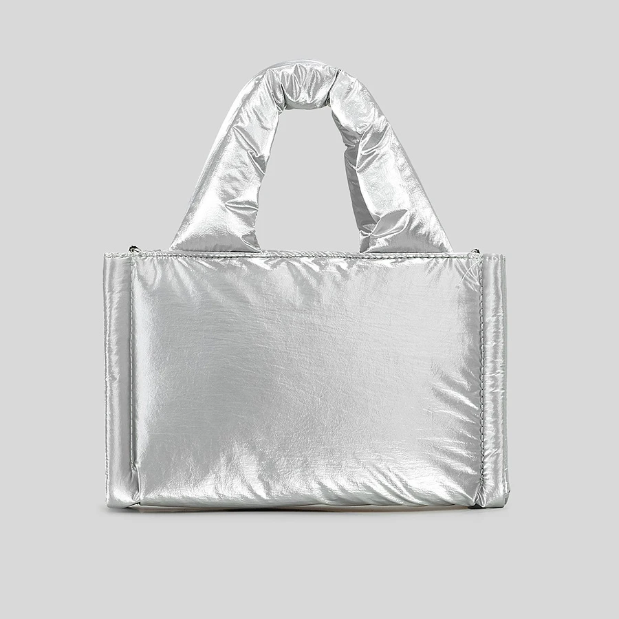 Silver Nylon Tote Bag Down Padded Designer Purses and Handbags Winter Quilted Shoulder Crossbody Bags for Women Cotton Shopper